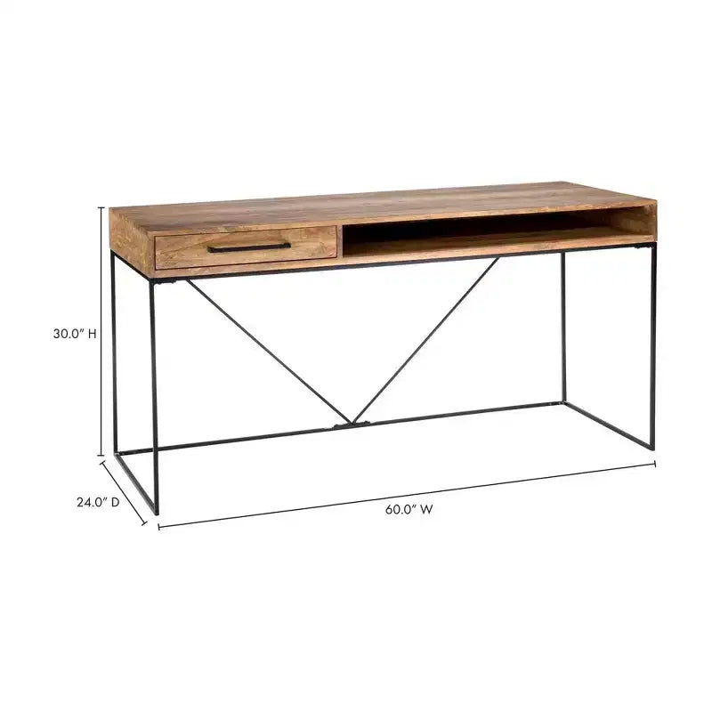Allensworth Desk Natural - Alder Bay: Solid Mango Wood, Iron Frame, Modern Home Office Furniture with Shelf & Drawer
