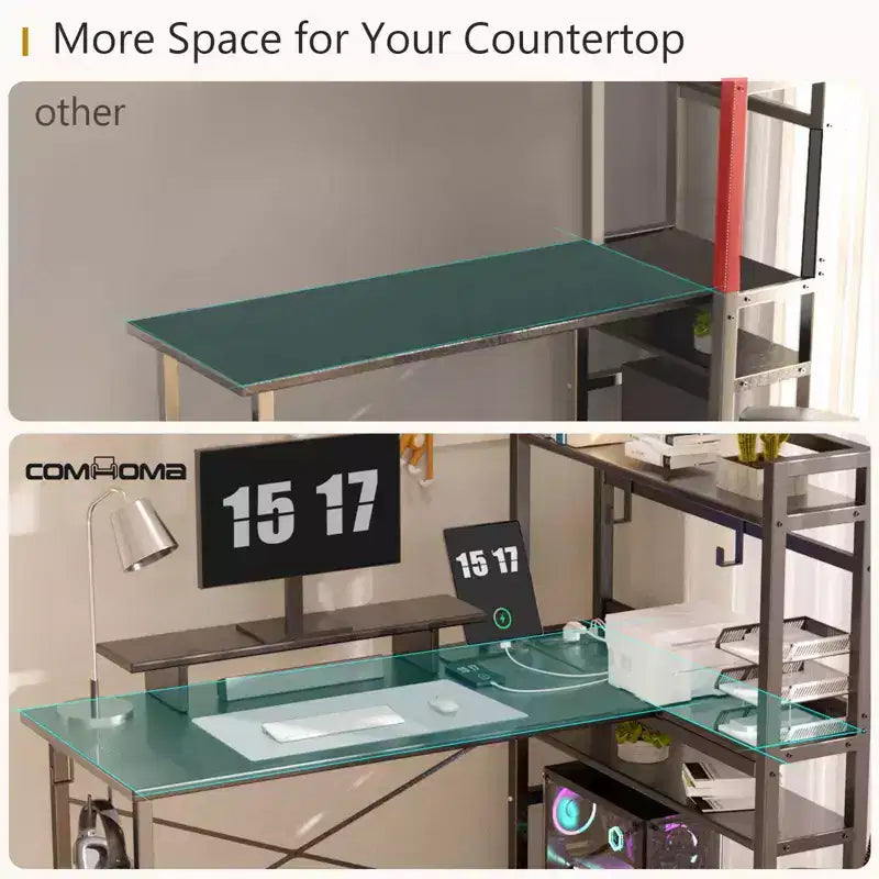 COMHOMA Office Desk 55" Computer Desk with Shelves L Shape Corner Desk with Monitor Stand Black