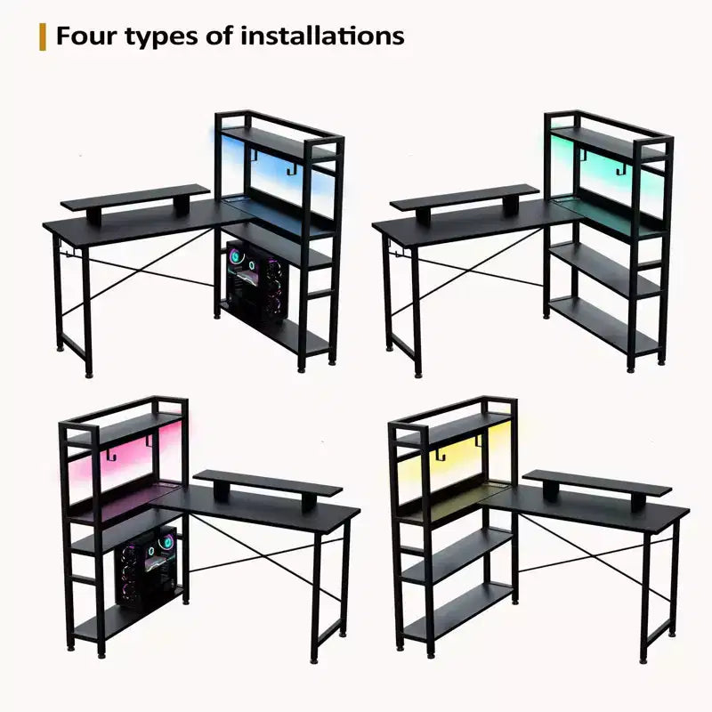 COMHOMA Office Desk 55" Computer Desk with Shelves L Shape Corner Desk with Monitor Stand Black