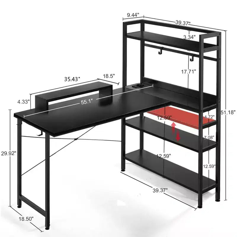 COMHOMA Office Desk 55" Computer Desk with Shelves L Shape Corner Desk with Monitor Stand Black