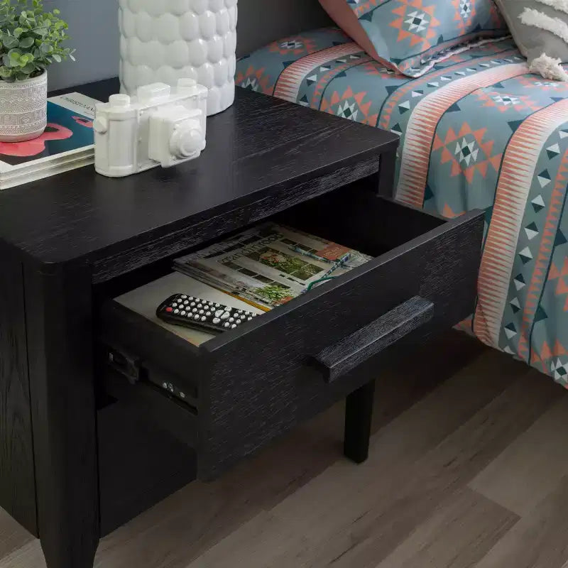 Wiley Solid Wood Mid-Century Modern 2 Drawer Side Table Black - Linon: Oak Veneer, Rubberwood Legs, Storage