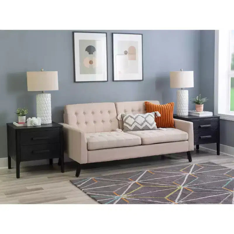 Wiley Solid Wood Mid-Century Modern 2 Drawer Side Table Black - Linon: Oak Veneer, Rubberwood Legs, Storage