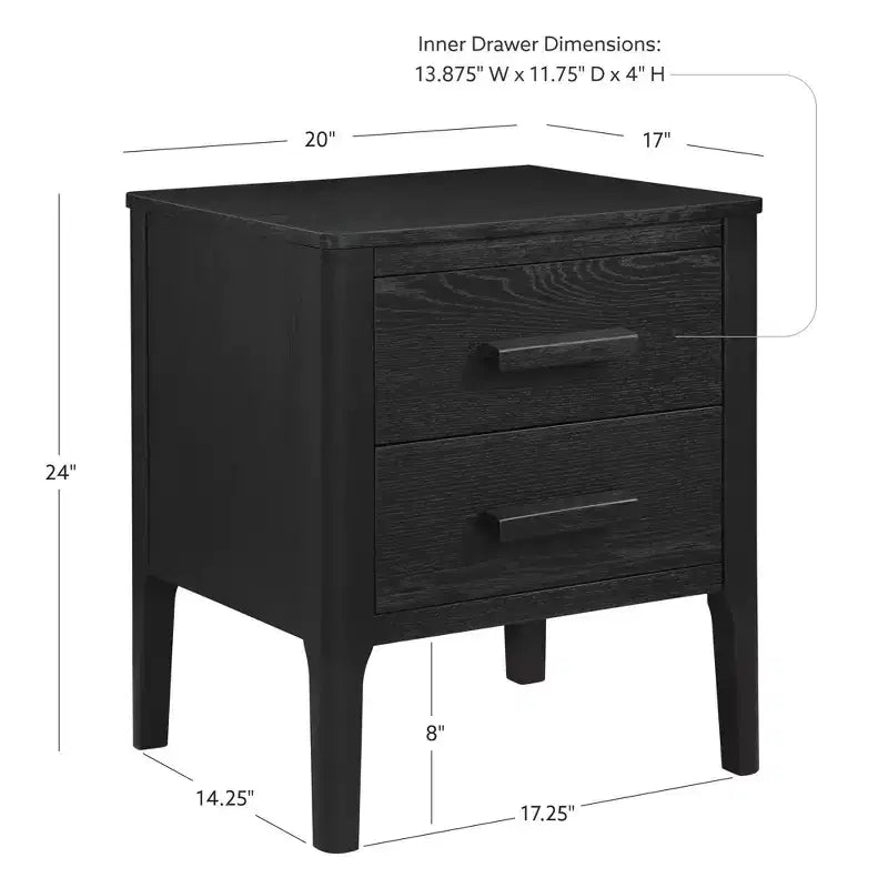 Wiley Solid Wood Mid-Century Modern 2 Drawer Side Table Black - Linon: Oak Veneer, Rubberwood Legs, Storage