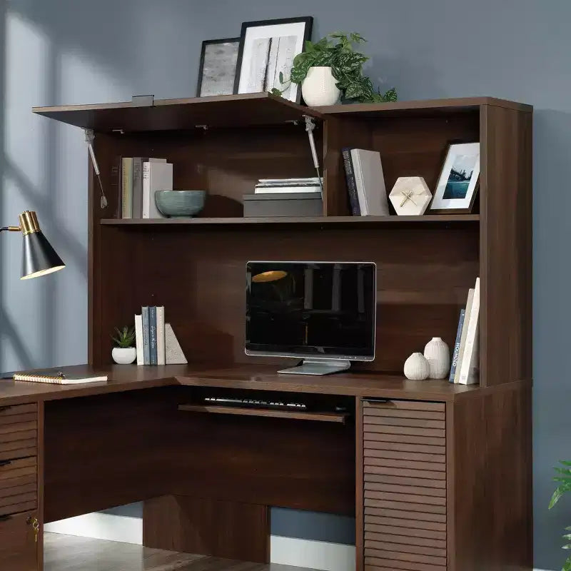 Englewood Hutch Spiced Mahogany - Sauder: Modern Office Hutch Top, MDF Construction, Assembly Required