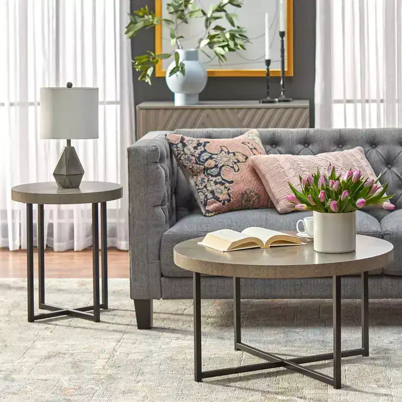 Buylateral Era Round End Table Gray/Black: Industrial Style, Metal Frame, Wood Laminate Top