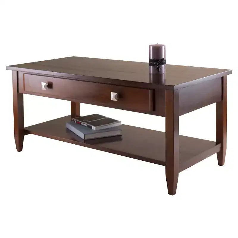 Richmond Coffee Table with Tapered Leg Walnut Finish - Winsome: Storage Shelf, Modern Brushed-Chrome Knobs