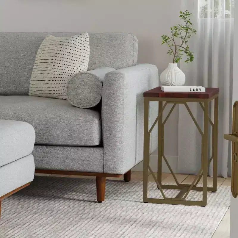 WyndenHall Ebsen Metal and Wood Accent Table Cognac: Contemporary Rectangle Side Table, Scratch-Resistant