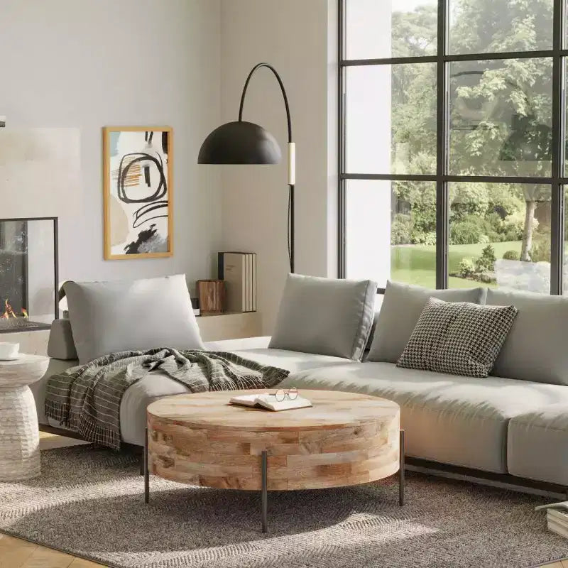 WyndenHall Farmington Drum Coffee Table Natural : Modern Industrial Style, Mango Wood & Iron, 38"