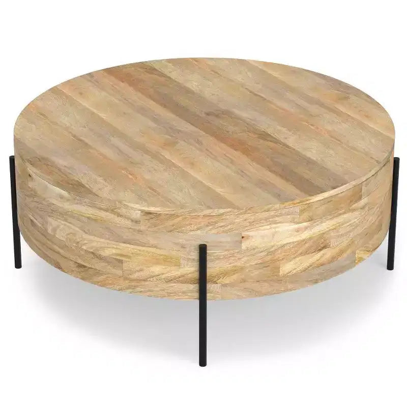 WyndenHall Farmington Drum Coffee Table Natural : Modern Industrial Style, Mango Wood & Iron, 38"
