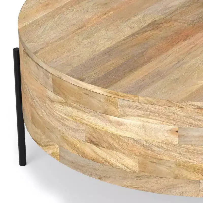 WyndenHall Farmington Drum Coffee Table Natural : Modern Industrial Style, Mango Wood & Iron, 38"