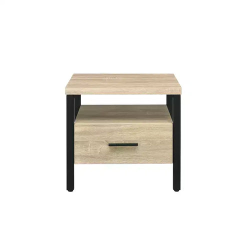 20" Yawan Accent Table Oak/Black Finish - Acme Furniture: Rectangular with Drawer, Open Shelf, Metal Glides