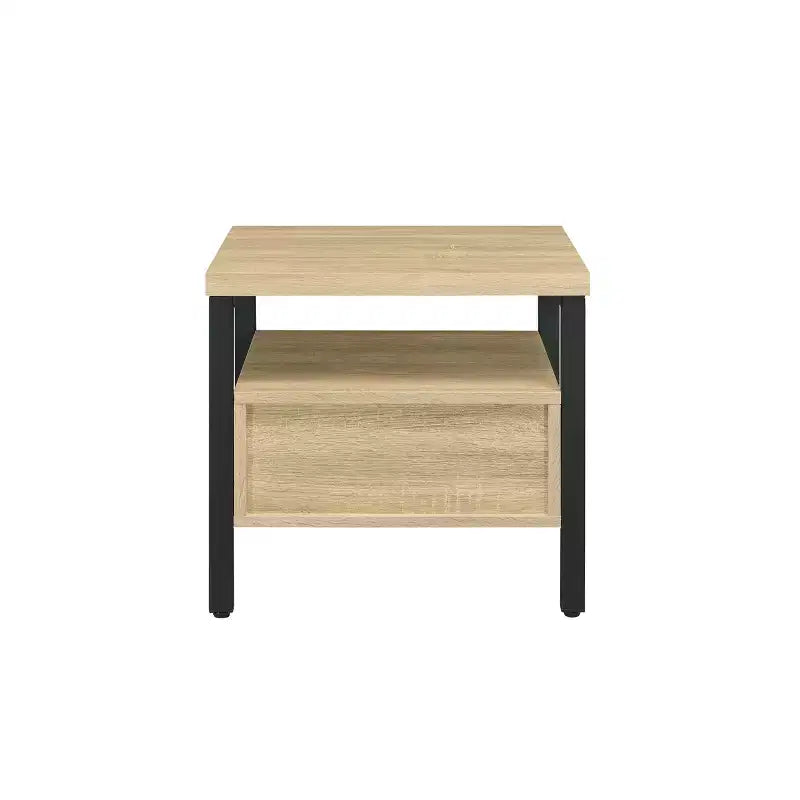 20" Yawan Accent Table Oak/Black Finish - Acme Furniture: Rectangular with Drawer, Open Shelf, Metal Glides