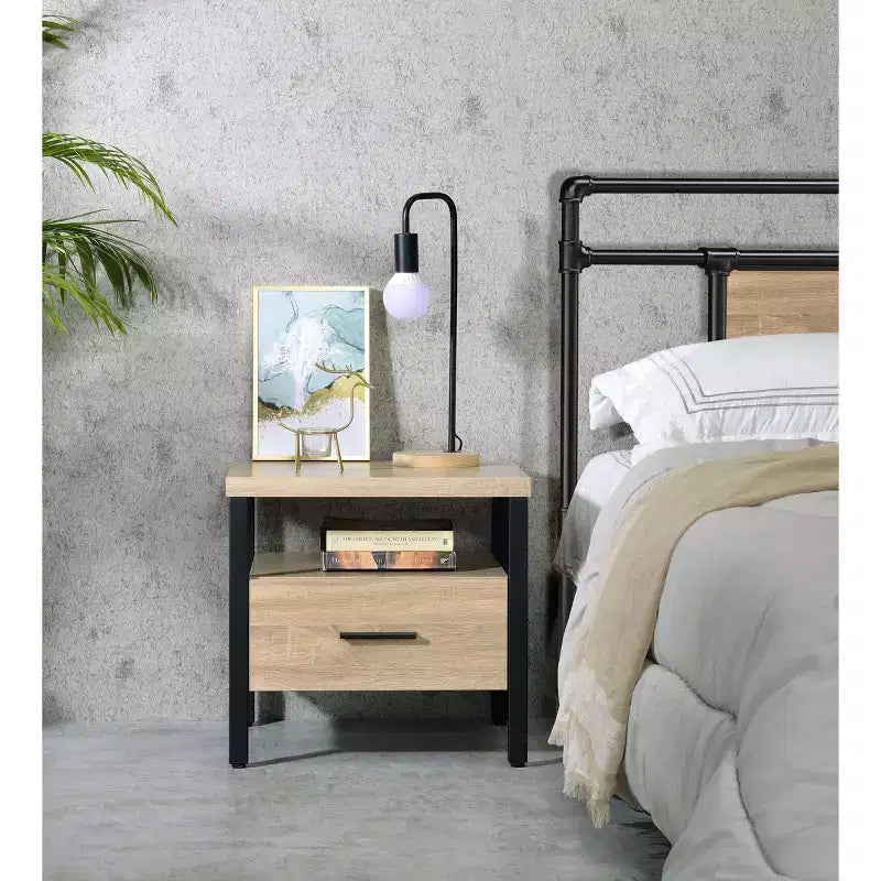 20" Yawan Accent Table Oak/Black Finish - Acme Furniture: Rectangular with Drawer, Open Shelf, Metal Glides
