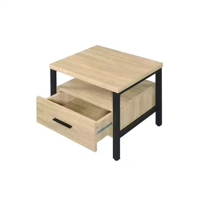 20" Yawan Accent Table Oak/Black Finish - Acme Furniture: Rectangular with Drawer, Open Shelf, Metal Glides