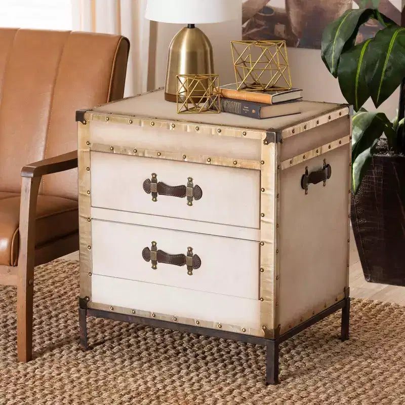 Baxton Studio Laura Canvas 2 Drawer End Table Trunk White/Coffee/Black