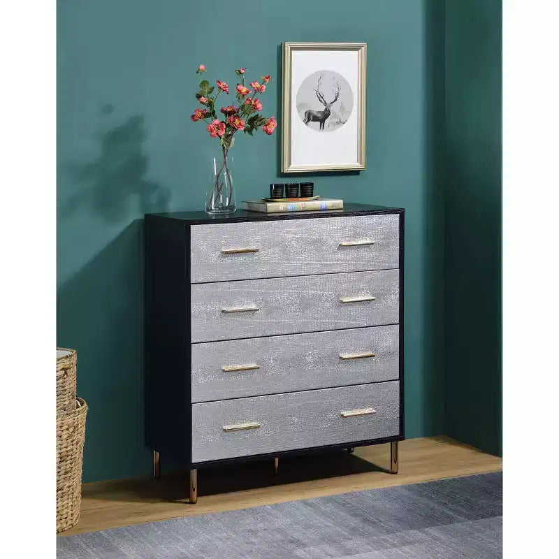 32" Myles Decorative Storage Drawer Black, Silver and Gold Finish - Acme Furniture: Elegant 5-Drawer Chest, Wood Composite, No Assembly Required