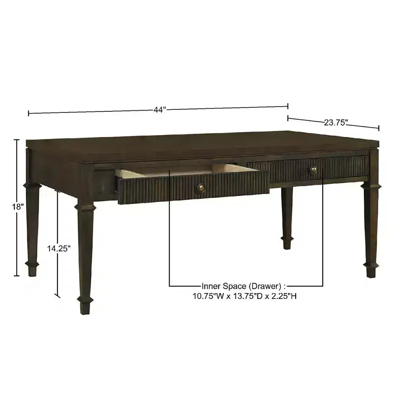 Martha Stewart Kenna Fluted 2 Drawer Coffee Table Brown: Traditional Wood Veneer, Storage, Tapered Legs, Brass Hardware