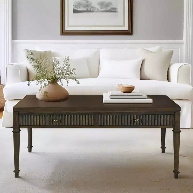 Martha Stewart Kenna Fluted 2 Drawer Coffee Table Brown: Traditional Wood Veneer, Storage, Tapered Legs, Brass Hardware