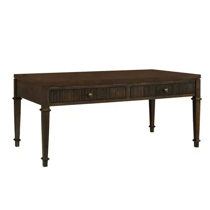 Martha Stewart Kenna Fluted 2 Drawer Coffee Table Brown: Traditional Wood Veneer, Storage, Tapered Legs, Brass Hardware