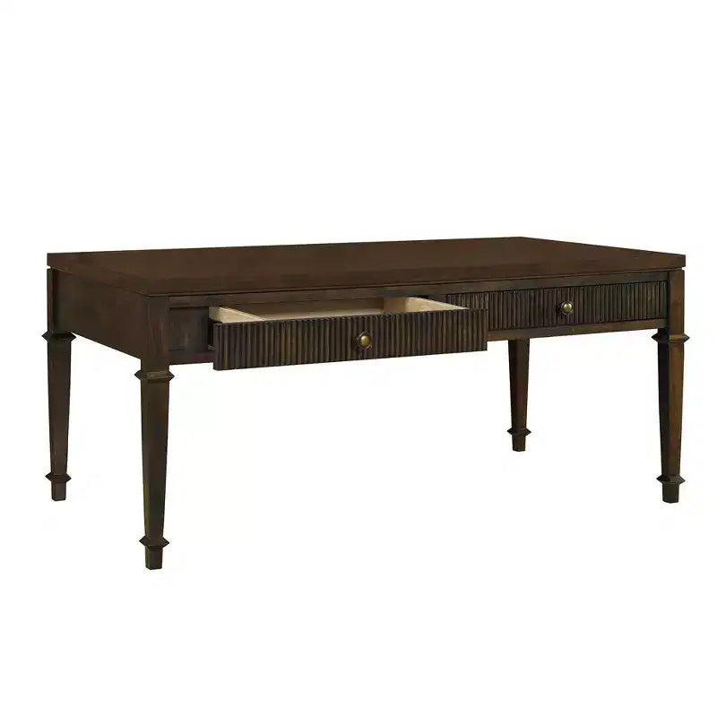 Martha Stewart Kenna Fluted 2 Drawer Coffee Table Brown: Traditional Wood Veneer, Storage, Tapered Legs, Brass Hardware