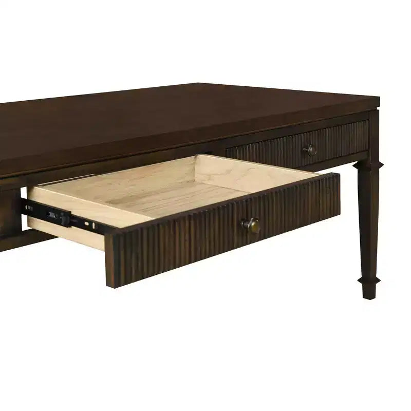 Martha Stewart Kenna Fluted 2 Drawer Coffee Table Brown: Traditional Wood Veneer, Storage, Tapered Legs, Brass Hardware