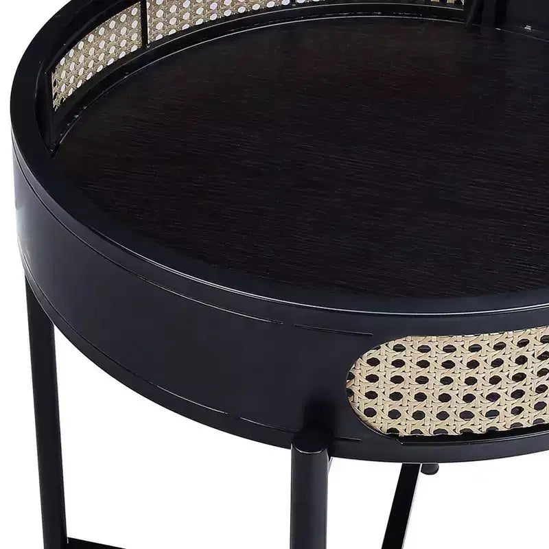 22" Colson Accent Table Black Finish - Acme Furniture: Rattan Detail, Metal Frame, Wood Top, No Assembly Required