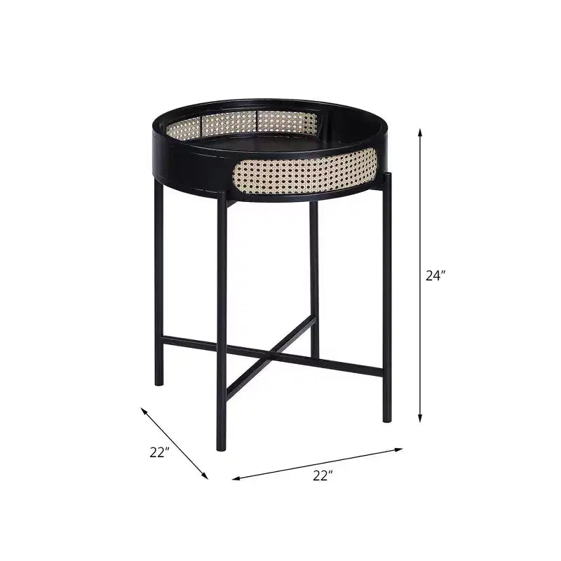 22" Colson Accent Table Black Finish - Acme Furniture: Rattan Detail, Metal Frame, Wood Top, No Assembly Required
