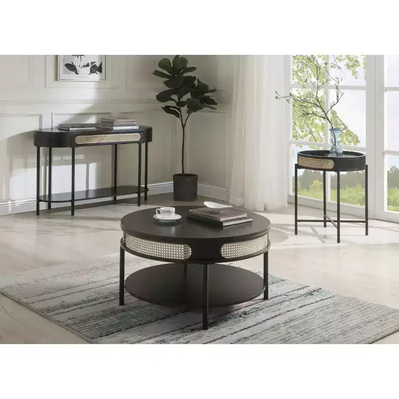 22" Colson Accent Table Black Finish - Acme Furniture: Rattan Detail, Metal Frame, Wood Top, No Assembly Required