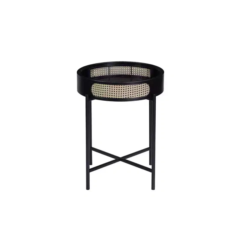 22" Colson Accent Table Black Finish - Acme Furniture: Rattan Detail, Metal Frame, Wood Top, No Assembly Required