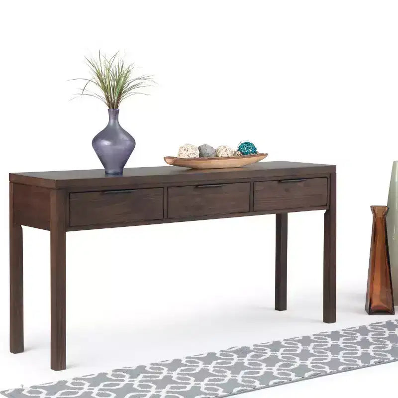 WyndenHall 60" Fabian Wide Console Table Walnut Brown: Mid-Century Modern, Hardwood Frame, Acacia Top