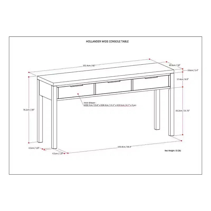 WyndenHall 60" Fabian Wide Console Table Walnut Brown: Mid-Century Modern, Hardwood Frame, Acacia Top