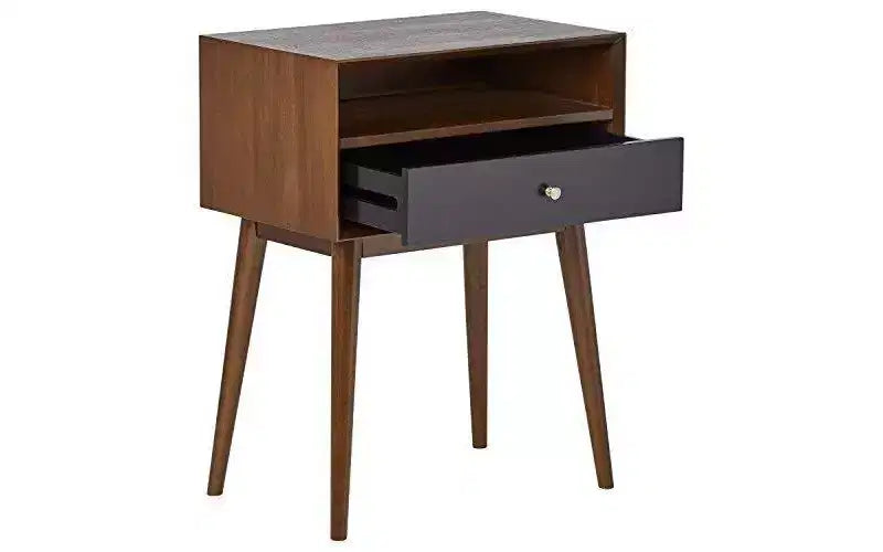 Calvin Side Table Brown - Adore Decor: Modern Mid-Century Design, Storage Drawer, Silver Pulls