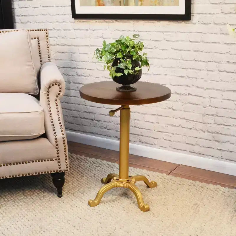 Carolina Living Miller Adjustable Vintage Accent Table Gold: 24" High, Round Mango Wood Top, Metal Frame