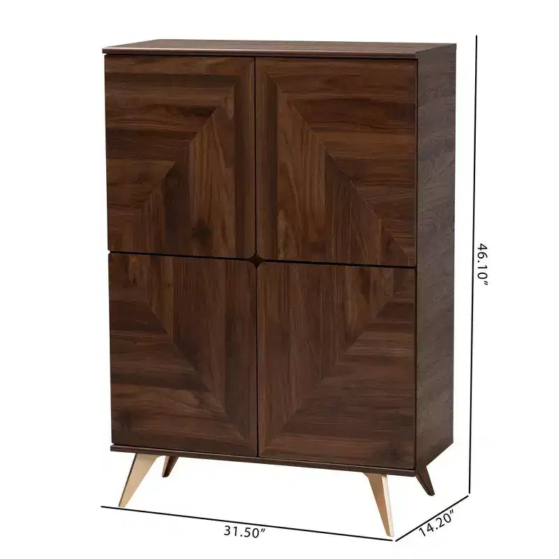 Graceland Wood Shoe Cabinet Walnut Brown/Gold - Baxton Studio: Mid-Century Design, 6 Shelves, Organizes 18 Pairs