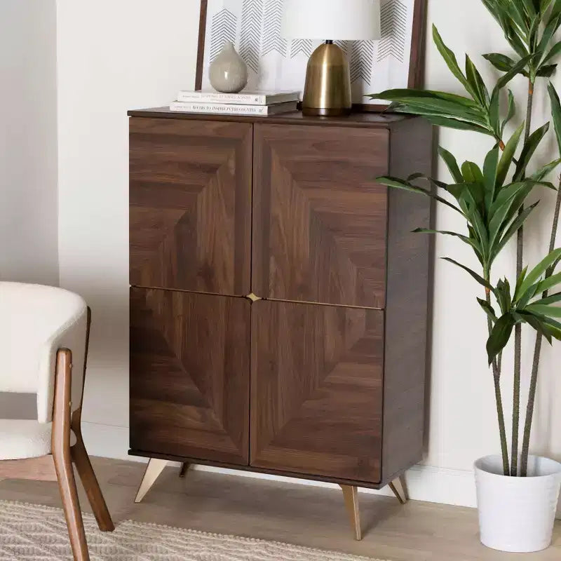 Graceland Wood Shoe Cabinet Walnut Brown/Gold - Baxton Studio: Mid-Century Design, 6 Shelves, Organizes 18 Pairs