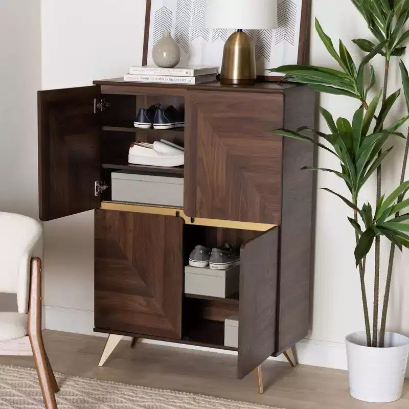 Graceland Wood Shoe Cabinet Walnut Brown/Gold - Baxton Studio: Mid-Century Design, 6 Shelves, Organizes 18 Pairs