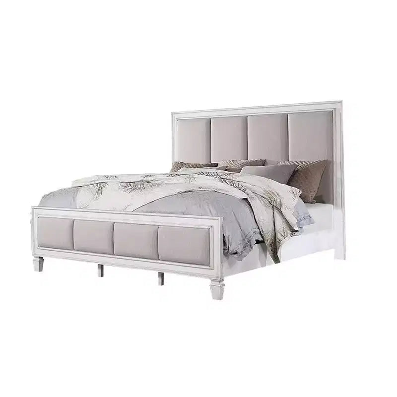 88" Eastern King Bed Katia Bed Light Gray Linen, Rustic Gray Weathered White Finish - Acme Furniture