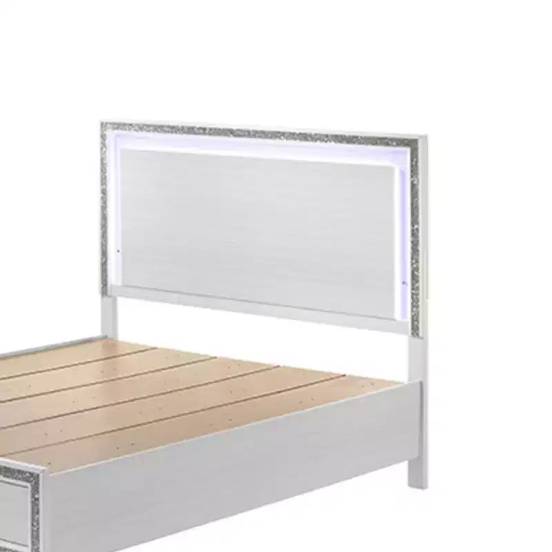 Acme Furniture 84" Eastern King Bed Haiden Bed White Finish: Faux Leather Upholstery, LED Light, Storage Drawer
