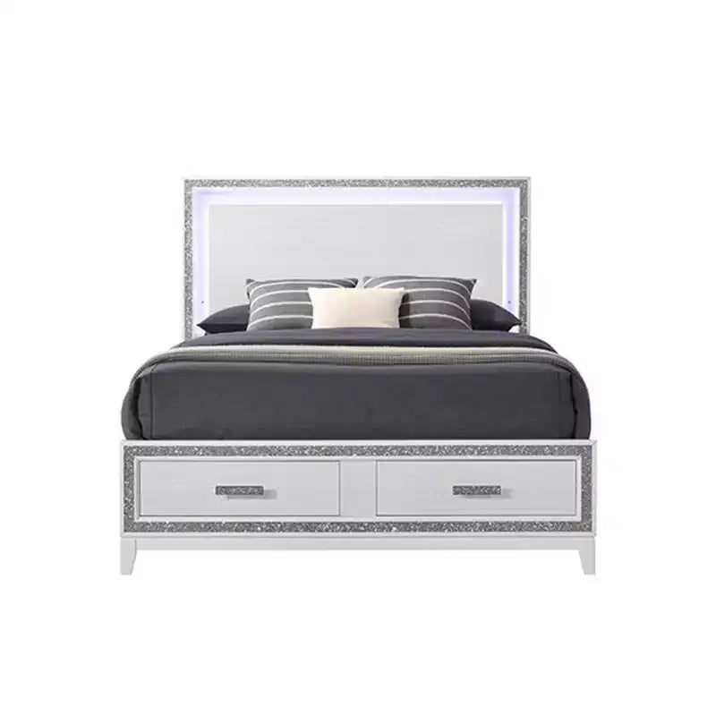 Acme Furniture 84" Eastern King Bed Haiden Bed White Finish: Faux Leather Upholstery, LED Light, Storage Drawer