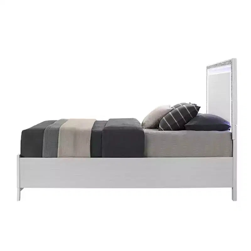 Acme Furniture 84" Eastern King Bed Haiden Bed White Finish: Faux Leather Upholstery, LED Light, Storage Drawer
