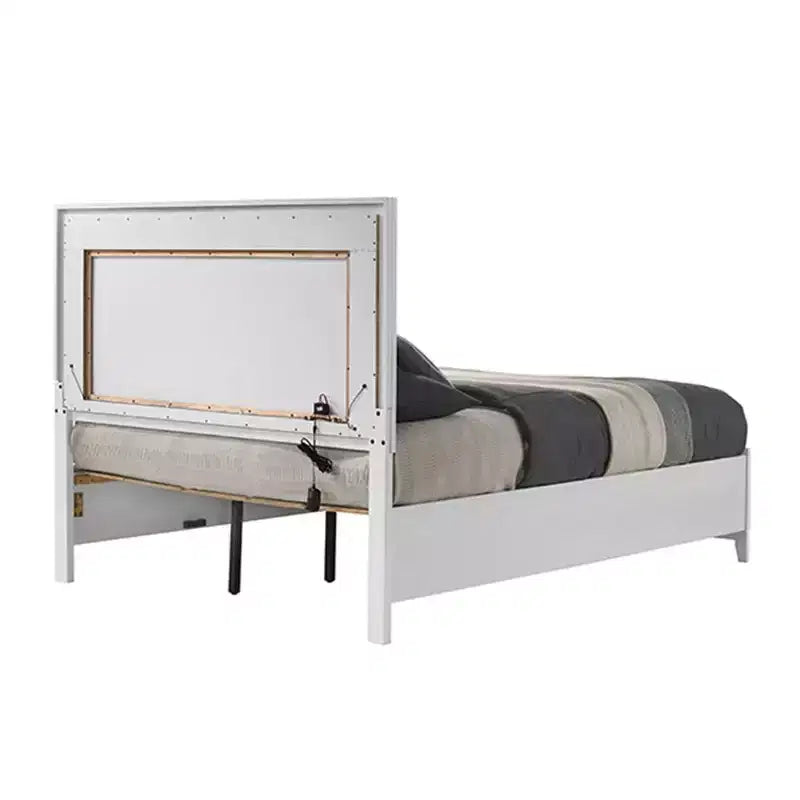 Acme Furniture 84" Eastern King Bed Haiden Bed White Finish: Faux Leather Upholstery, LED Light, Storage Drawer