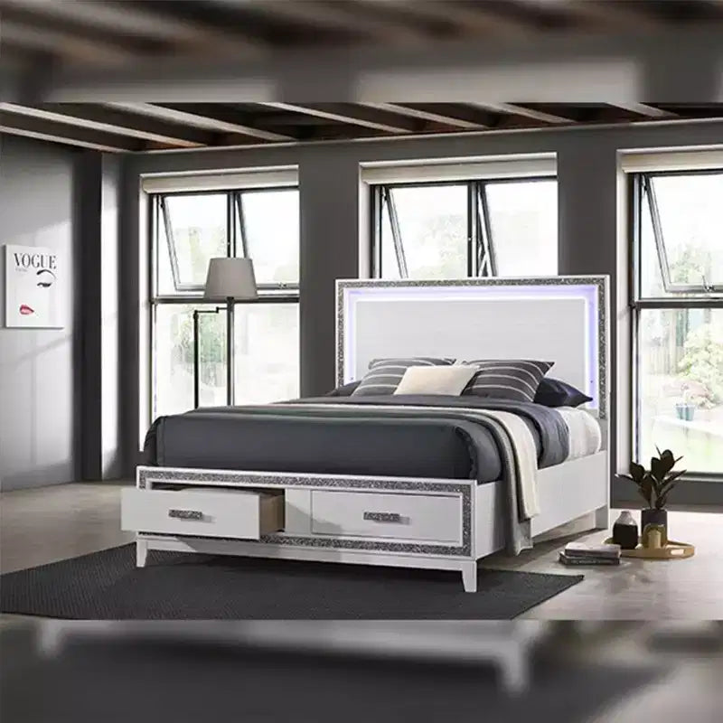 Acme Furniture 84" Eastern King Bed Haiden Bed White Finish: Faux Leather Upholstery, LED Light, Storage Drawer