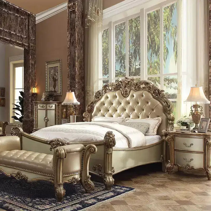 96" Queen Bed Vendome Bed Brass Synthetic Leather and Gold Patina Finish - Acme Furniture