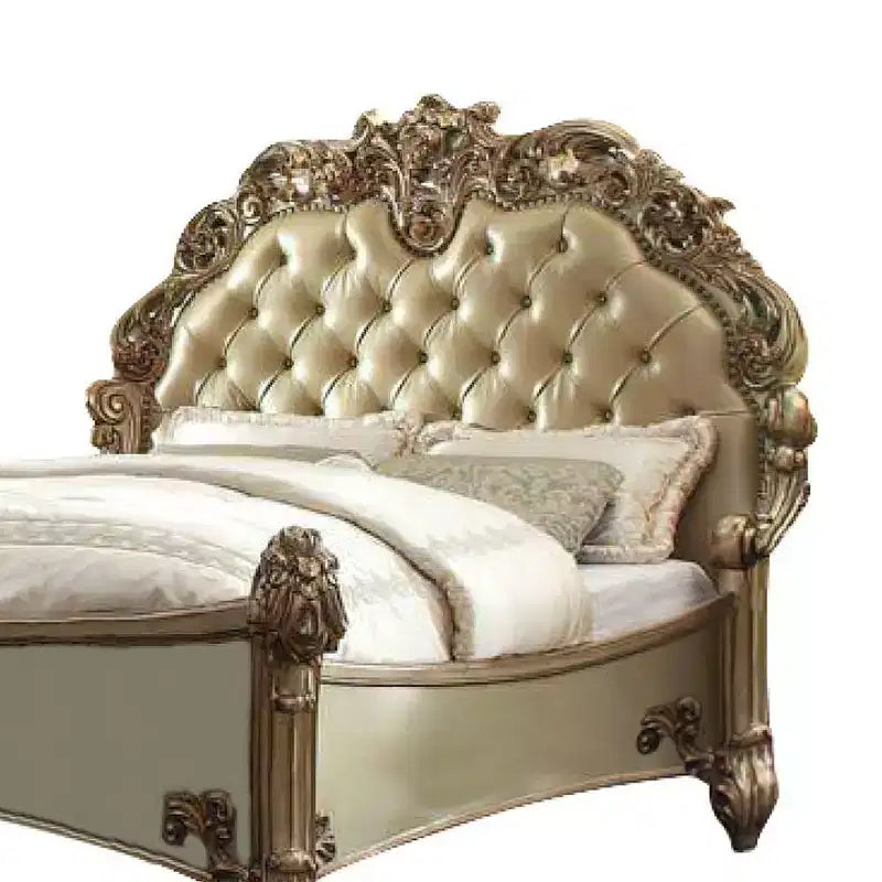96" Queen Bed Vendome Bed Brass Synthetic Leather and Gold Patina Finish - Acme Furniture