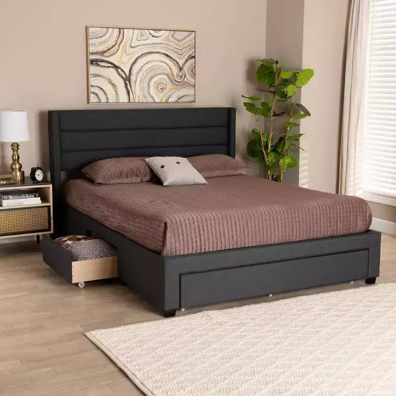 Full Braylon Fabric & Wood Platform Storage Bed with Drawer - Baxton Studio