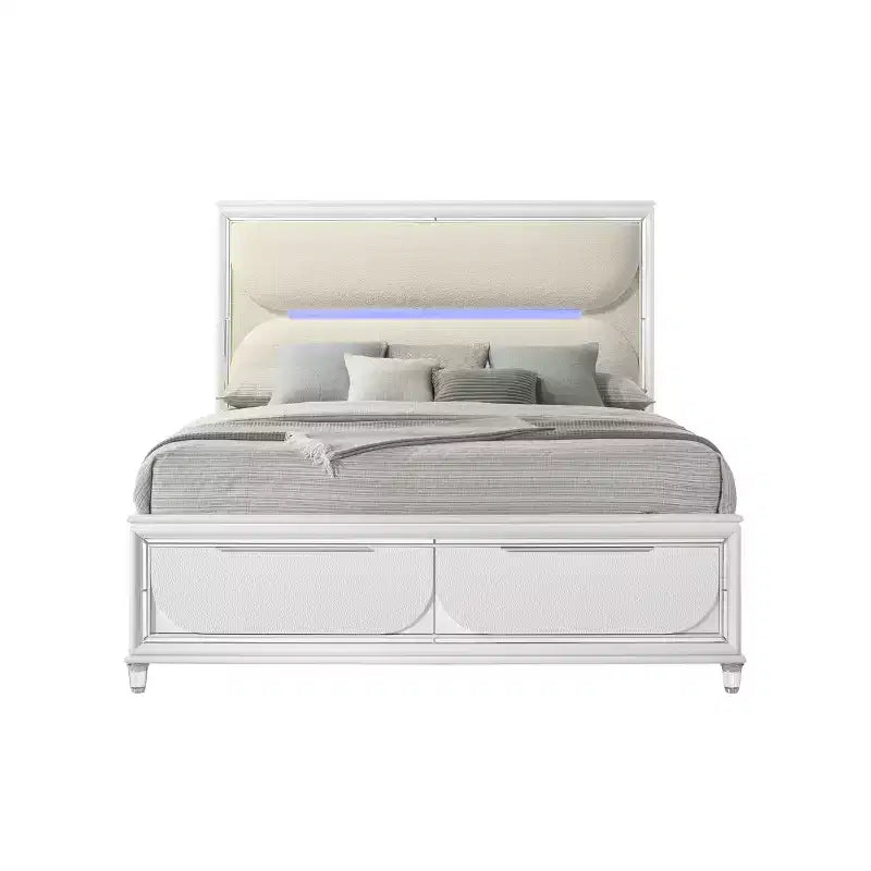 79.65" Eastern King Bed Tarian Bed White Boucle Pearl White Finish - Acme Furniture: LED Light Headboard, Storage Footboard, Acrylic Upholstery
