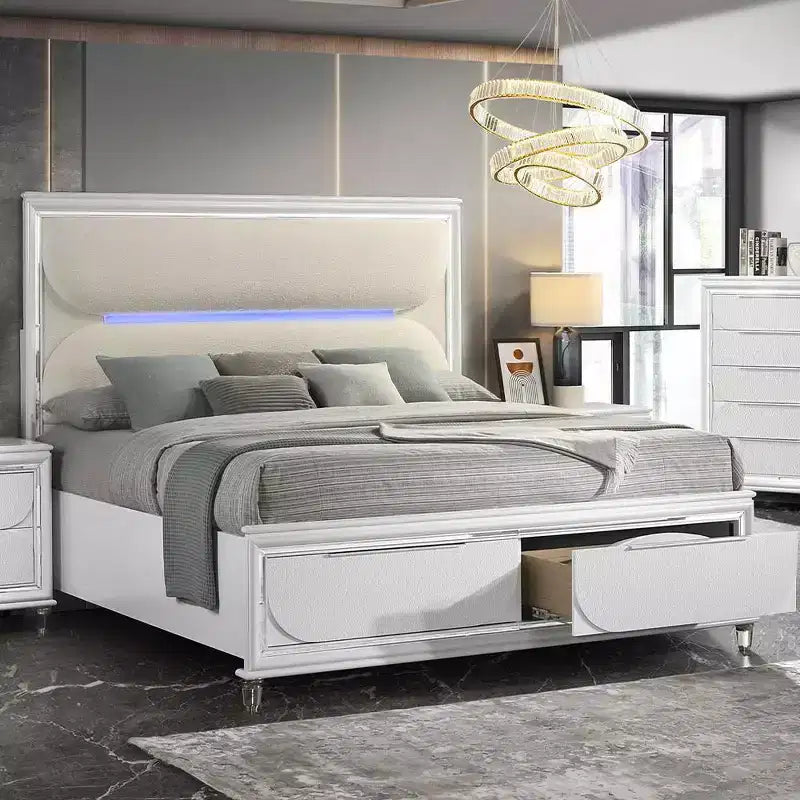 79.65" Eastern King Bed Tarian Bed White Boucle Pearl White Finish - Acme Furniture: LED Light Headboard, Storage Footboard, Acrylic Upholstery
