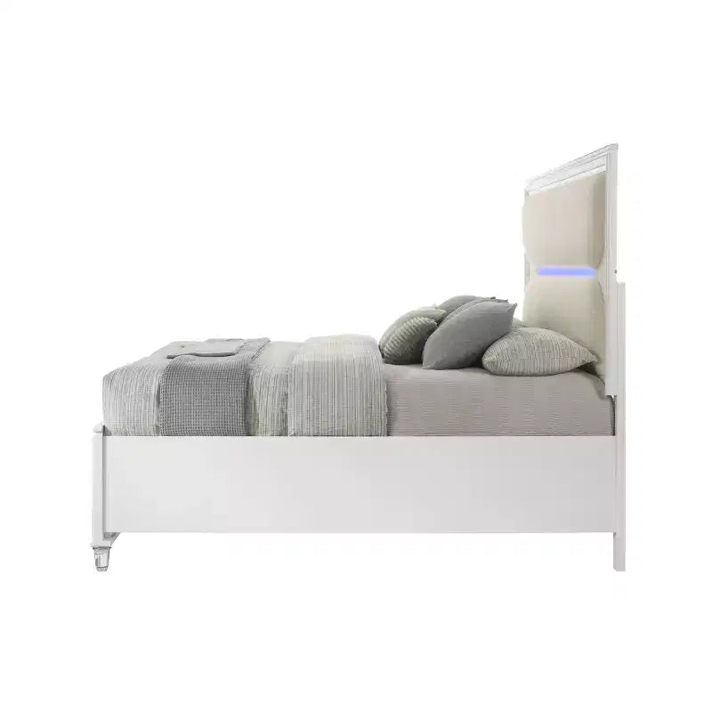 79.65" Eastern King Bed Tarian Bed White Boucle Pearl White Finish - Acme Furniture: LED Light Headboard, Storage Footboard, Acrylic Upholstery