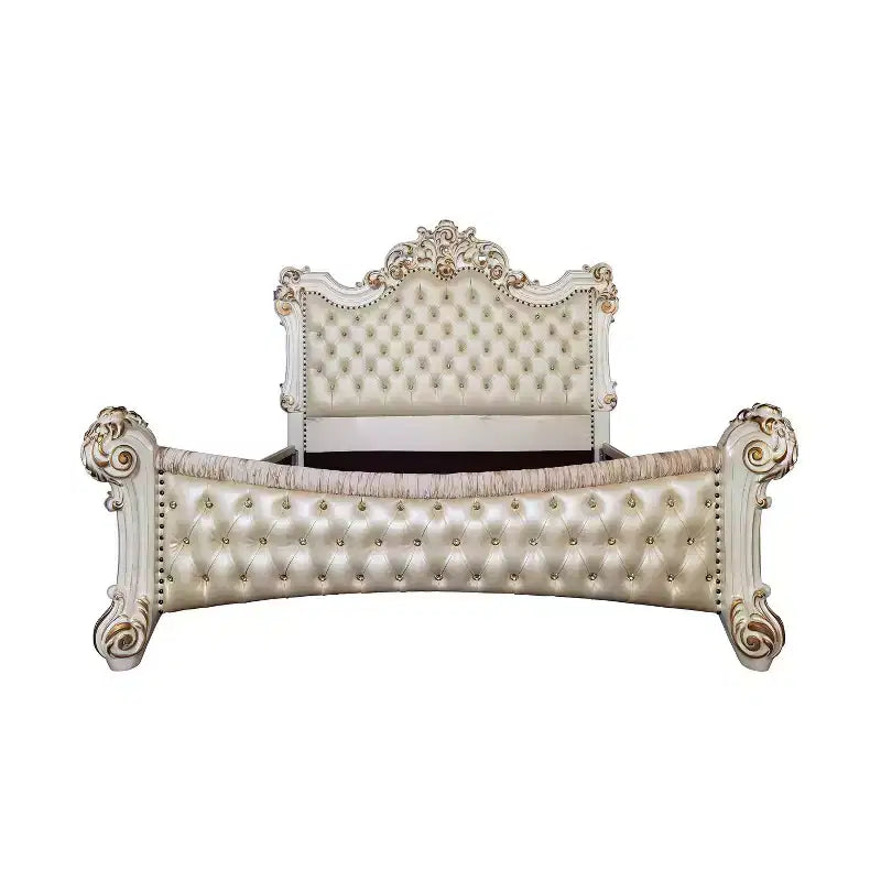 96" Eastern King Bed Vendome Antique Pearl Finish - Acme Furniture: Luxury Upholstered Tufted Headboard, Faux Leather, Glam Style