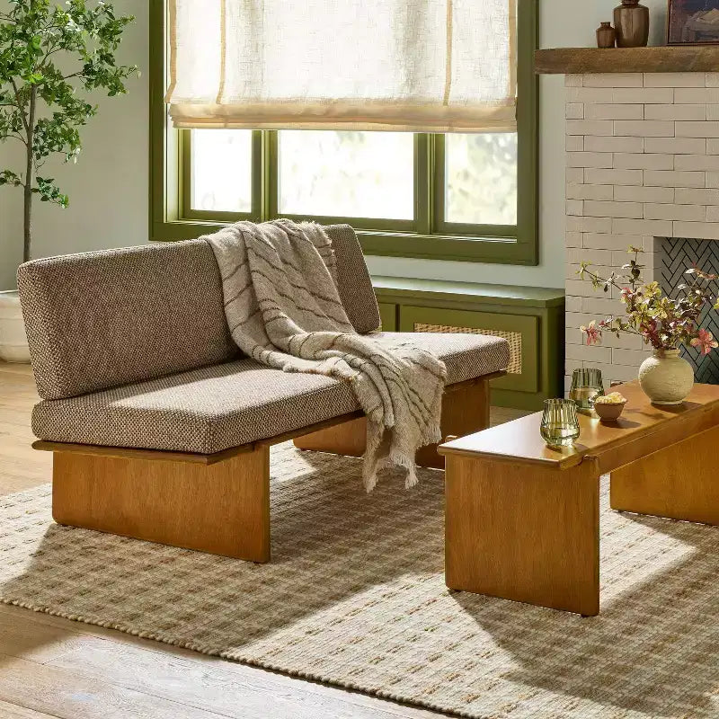 Mushroom Weave Upholstered Mid-Century Bench with Back - Hearth & Hand™ with Magnolia
